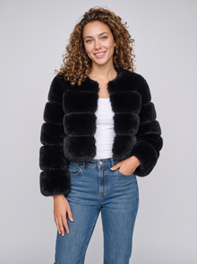 Women's short black faux fur jacket with fluffy panels