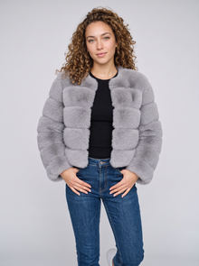 Women's short grey faux fur jacket with fluffy panels