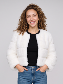 Women's short white faux fur jacket with fluffy panels