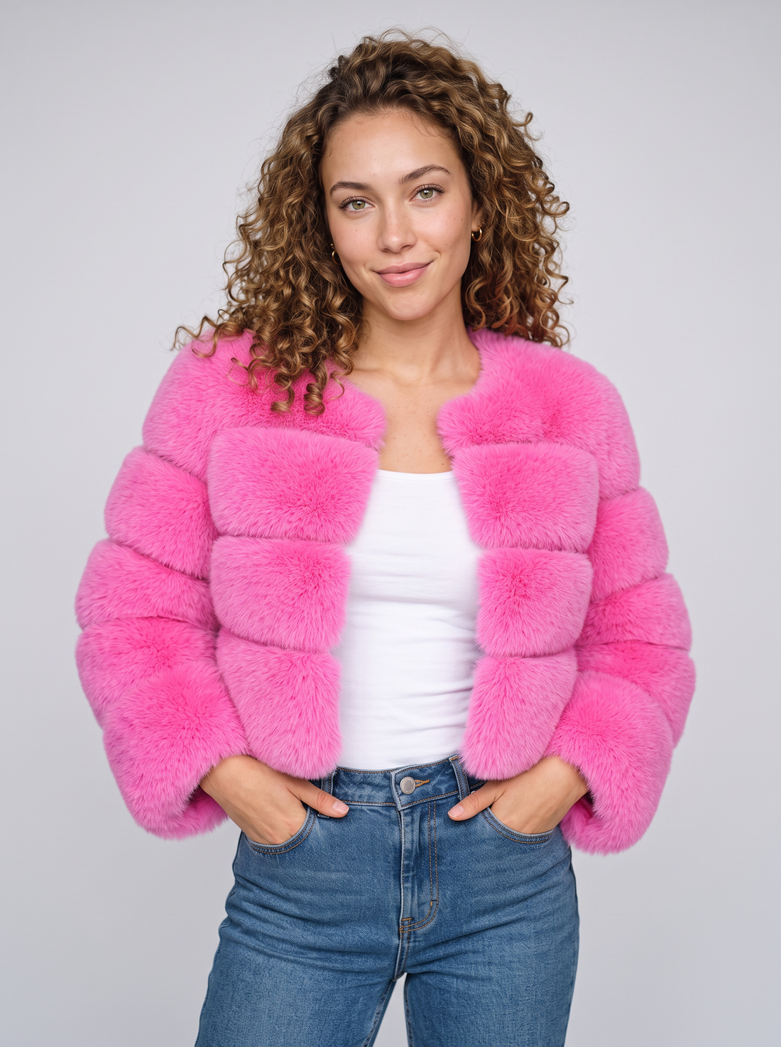 Women's short pink faux fur jacket with fluffy panels