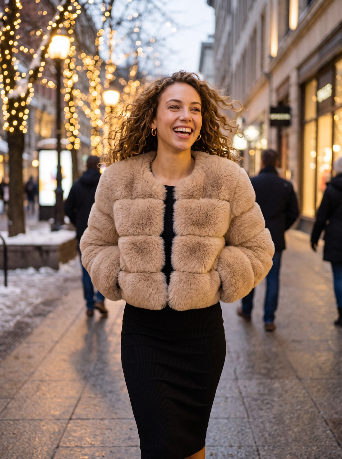 Woman wearing a cropped beige faux fur jacket on a winter evening street