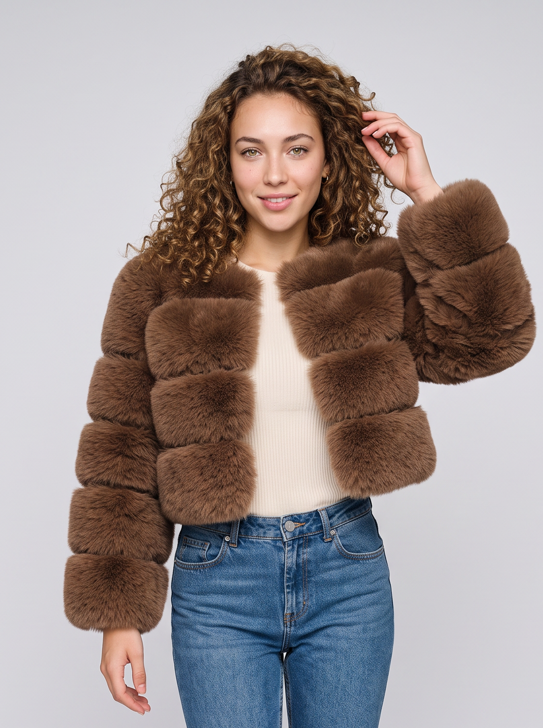 Women's short brown faux fur jacket with fluffy panels