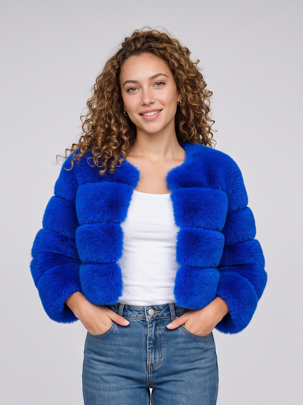 Women's short blue faux fur jacket with fluffy panels
