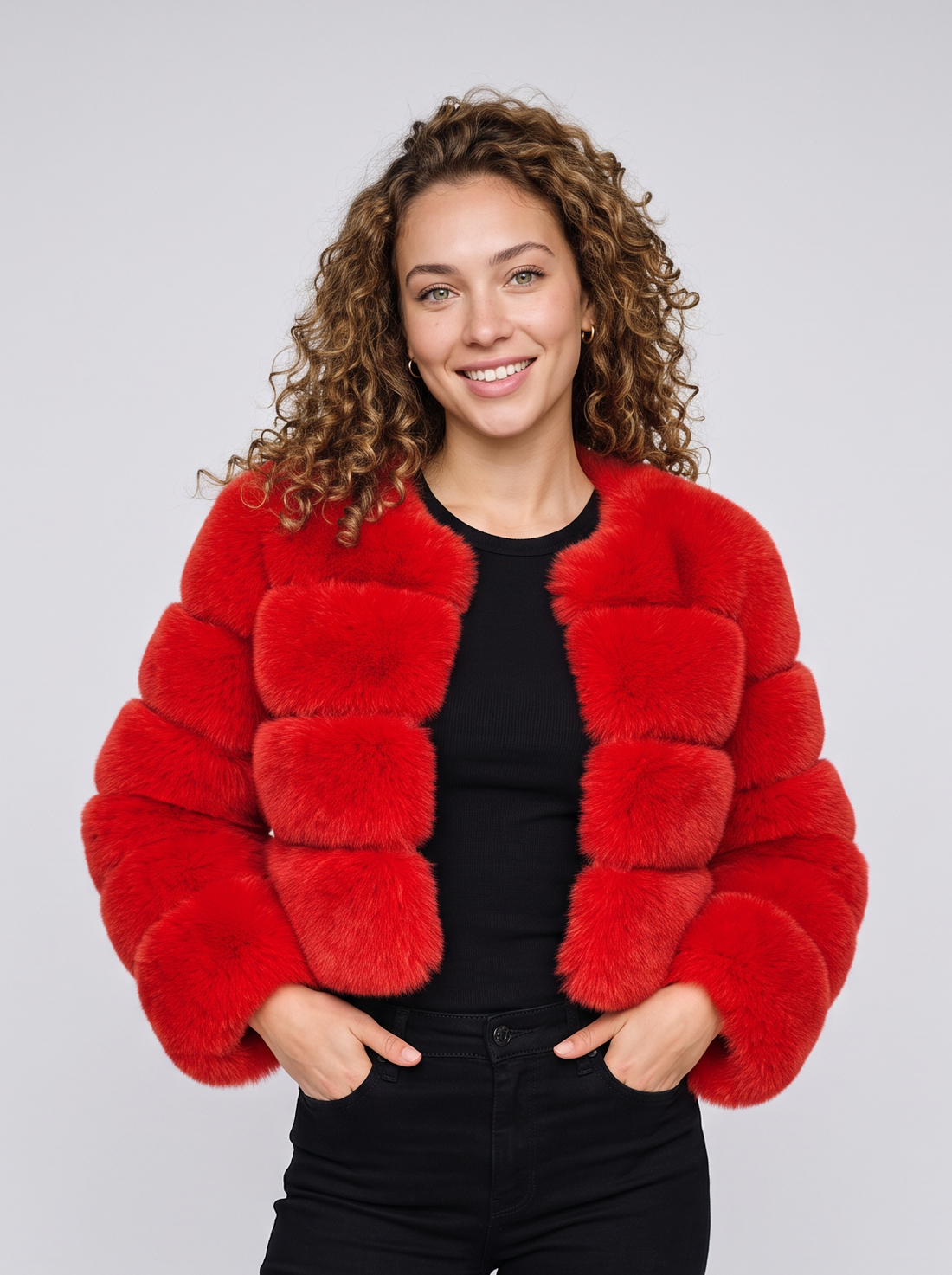 Women's short red faux fur jacket with fluffy panels