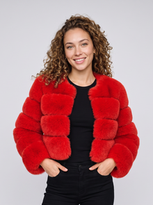 Women's short red faux fur jacket with fluffy panels