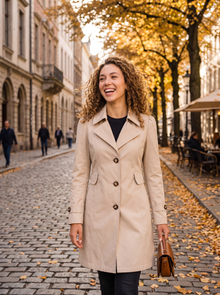 Woman wearing a beige trench coat on an autumn street
