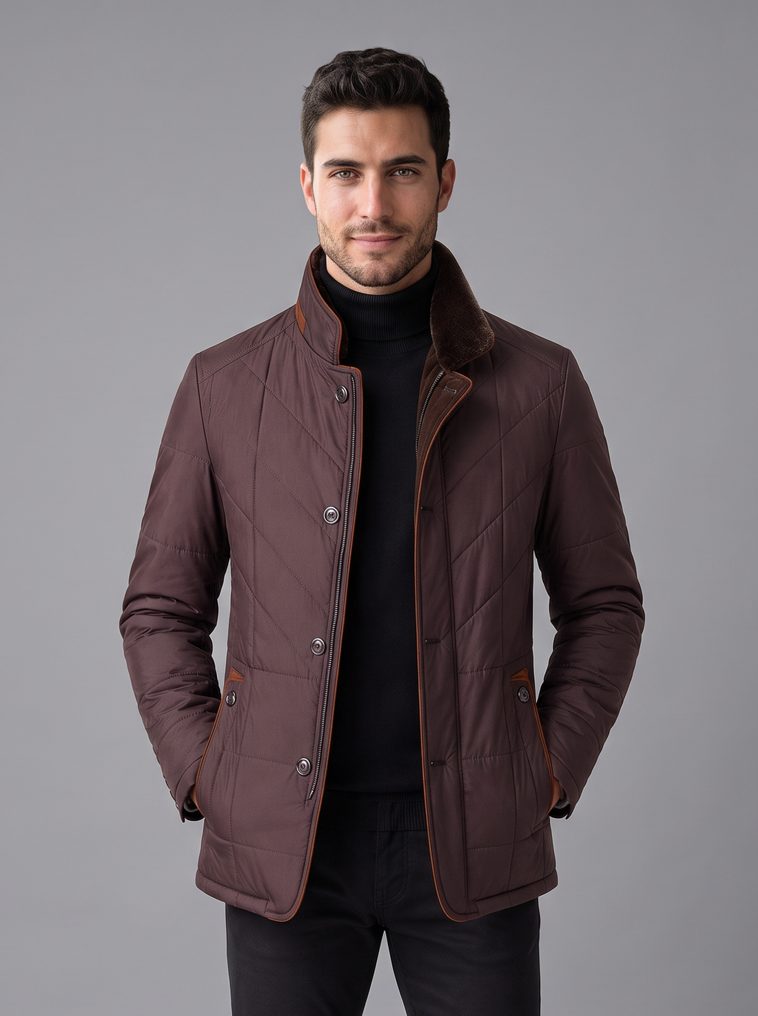 Man wearing burgundy quilted stand-collar jacket
