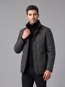 Man wearing dark grey quilted stand-collar jacket