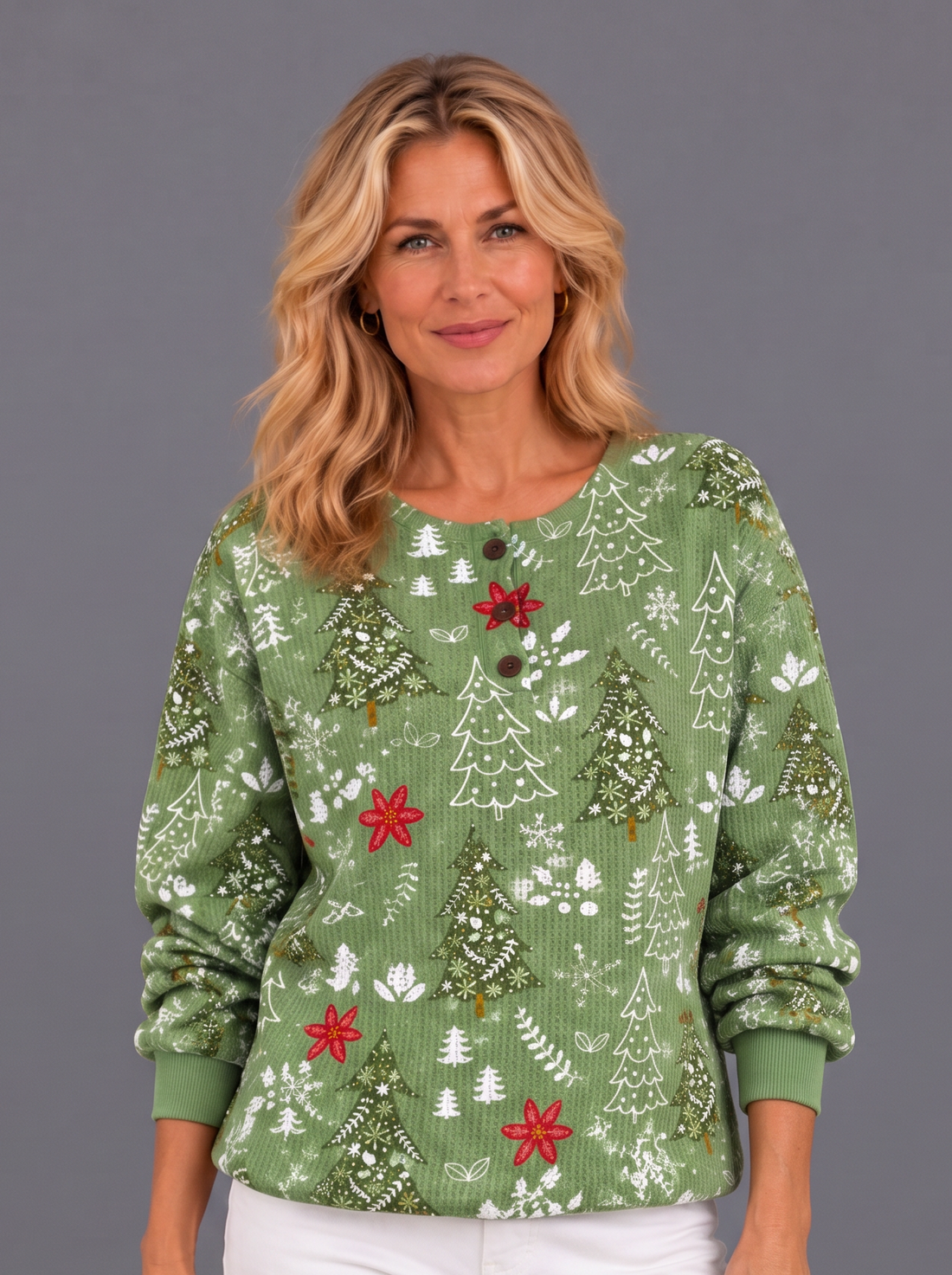 Women's Christmas Tree & Poinsettia Waffle Knit Henley Jumper in Green – styled view