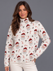 Women's Christmas Santa Claus & Candy Cane Print Mock Neck Knit Sweater in White – front view