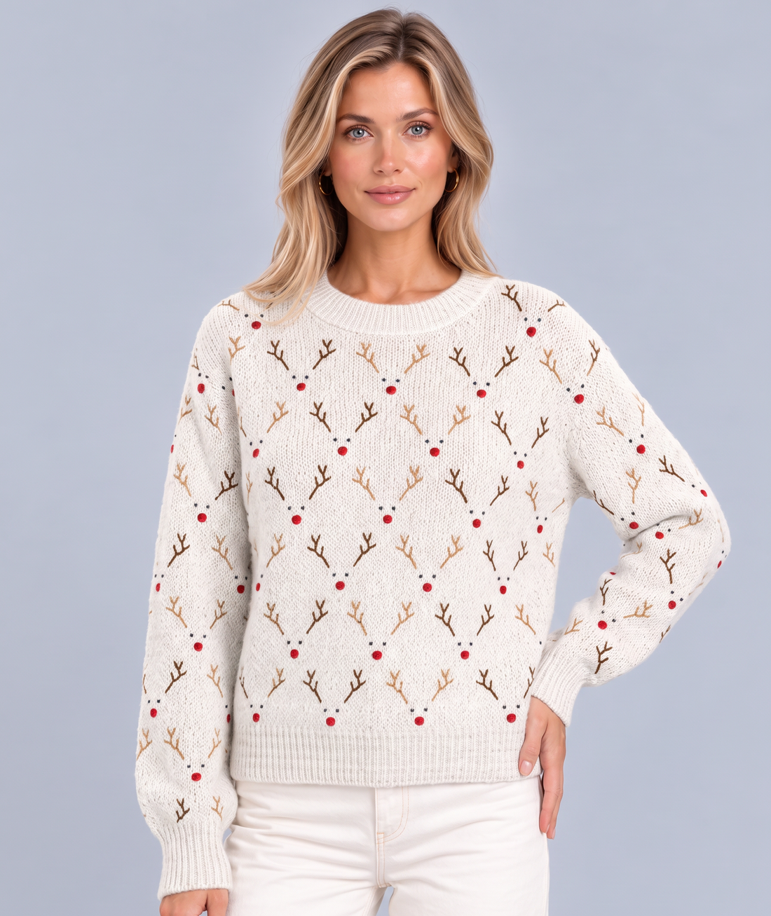 Women's Christmas Jumper with reindeer knit design in White – front view