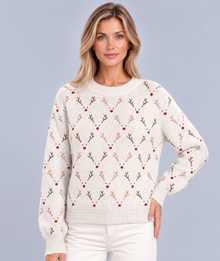 Women's Christmas Jumper with reindeer knit design in White – front view