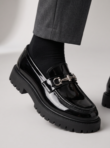 Men's Chunky Loafers in Bright Black – close-up of metal detail and platform sole