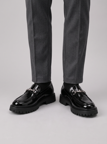 Men's Chunky Loafers – Black Slip-On Smart Shoes in Bright Black – front view