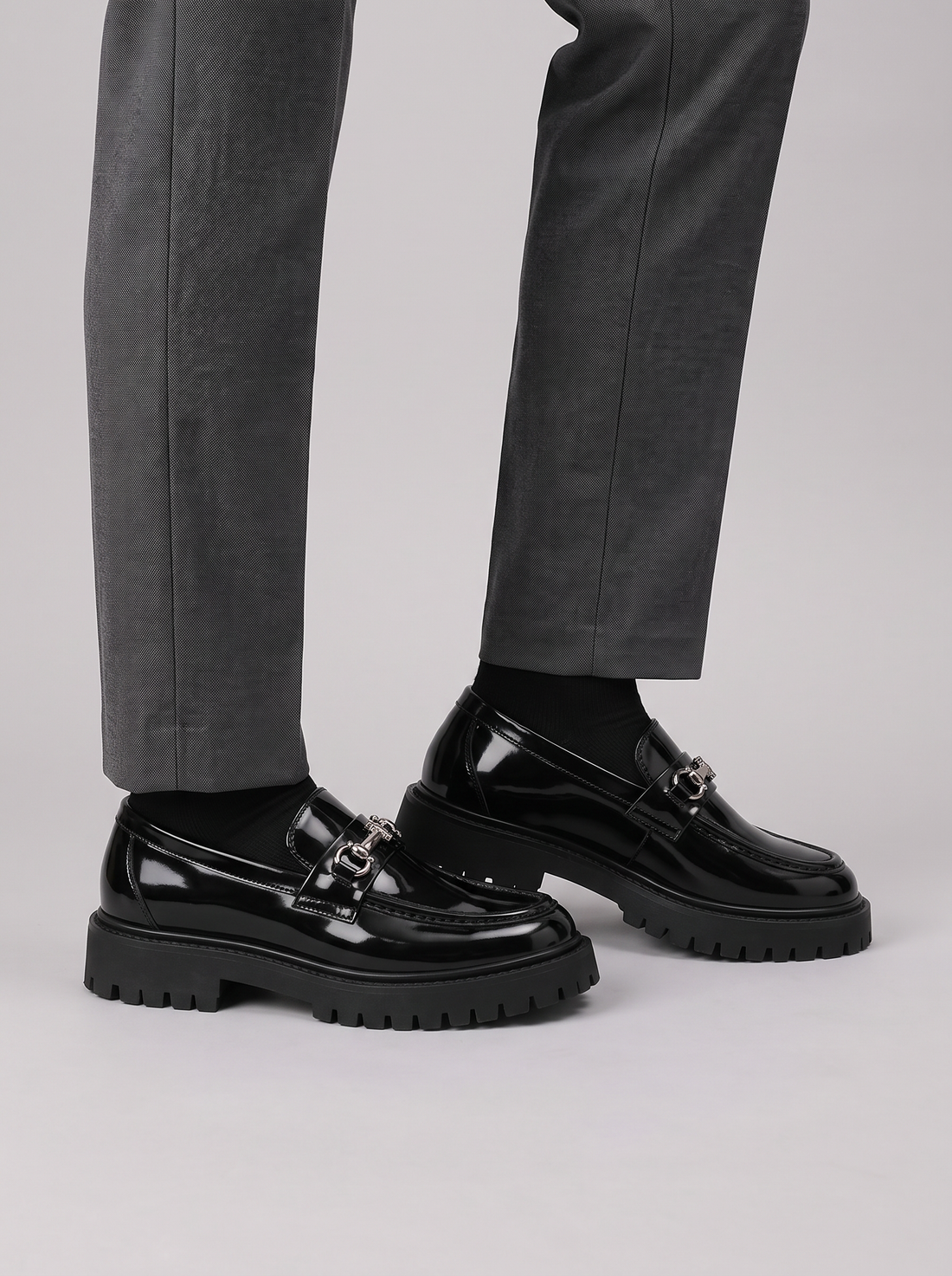 Men's Chunky Loafers – Black Slip-On Smart Shoes in Bright Black – side view