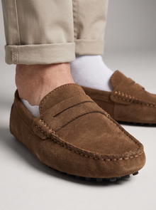 Men's Driving Loafers in Brown – close-up of suede-look texture and stitching