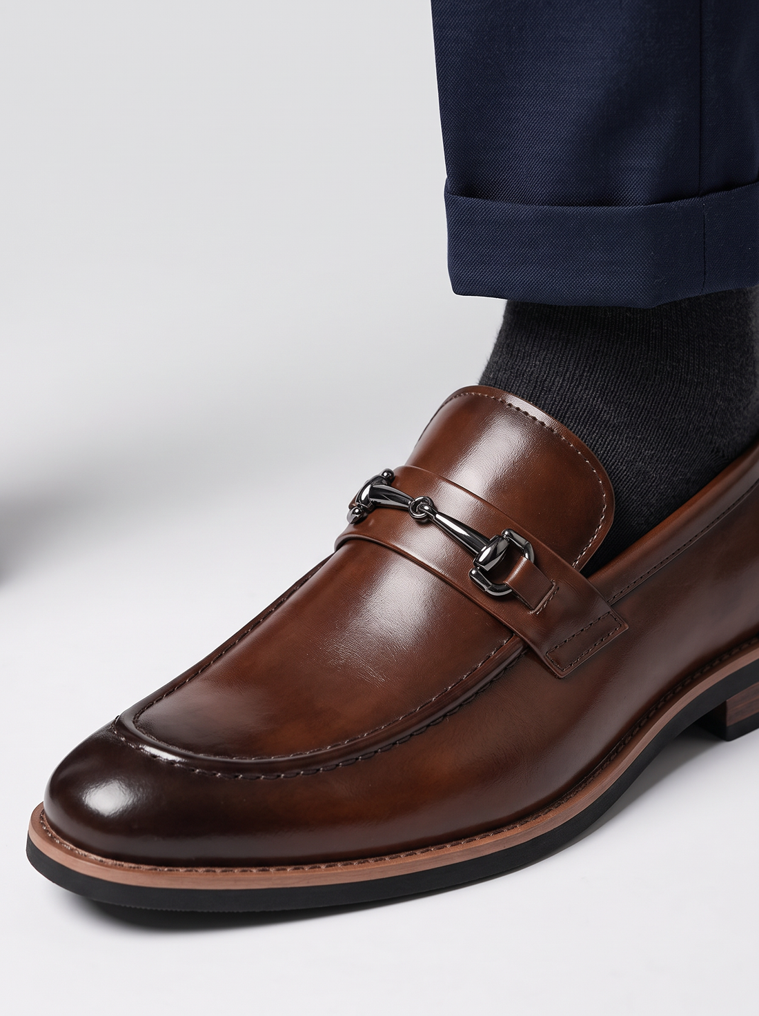 Men's Dress Loafers in Dark Brown – close-up of polished finish and stitching