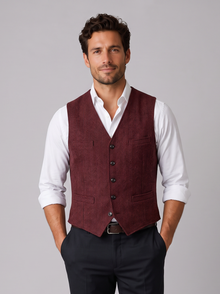 Men's burgundy herringbone tweed waistcoat