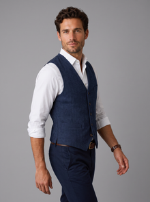 Side view of men's navy herringbone tweed waistcoat