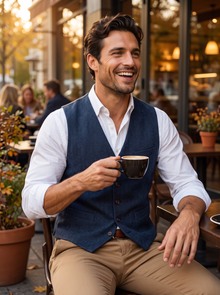 Man in navy tweed waistcoat and white shirt at a cafe