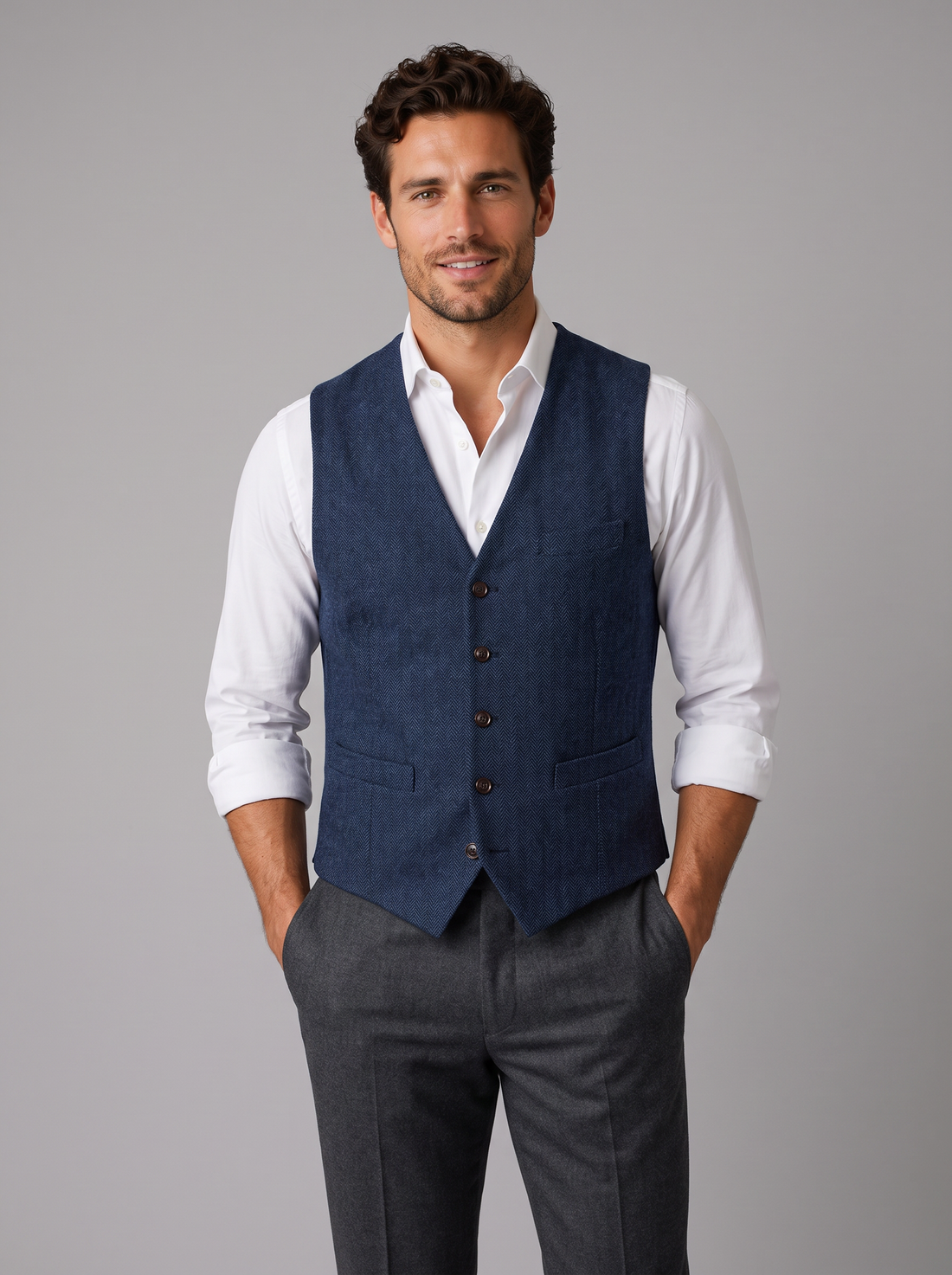 Man wearing navy herringbone tweed waistcoat, front view
