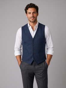 Man wearing navy herringbone tweed waistcoat, front view