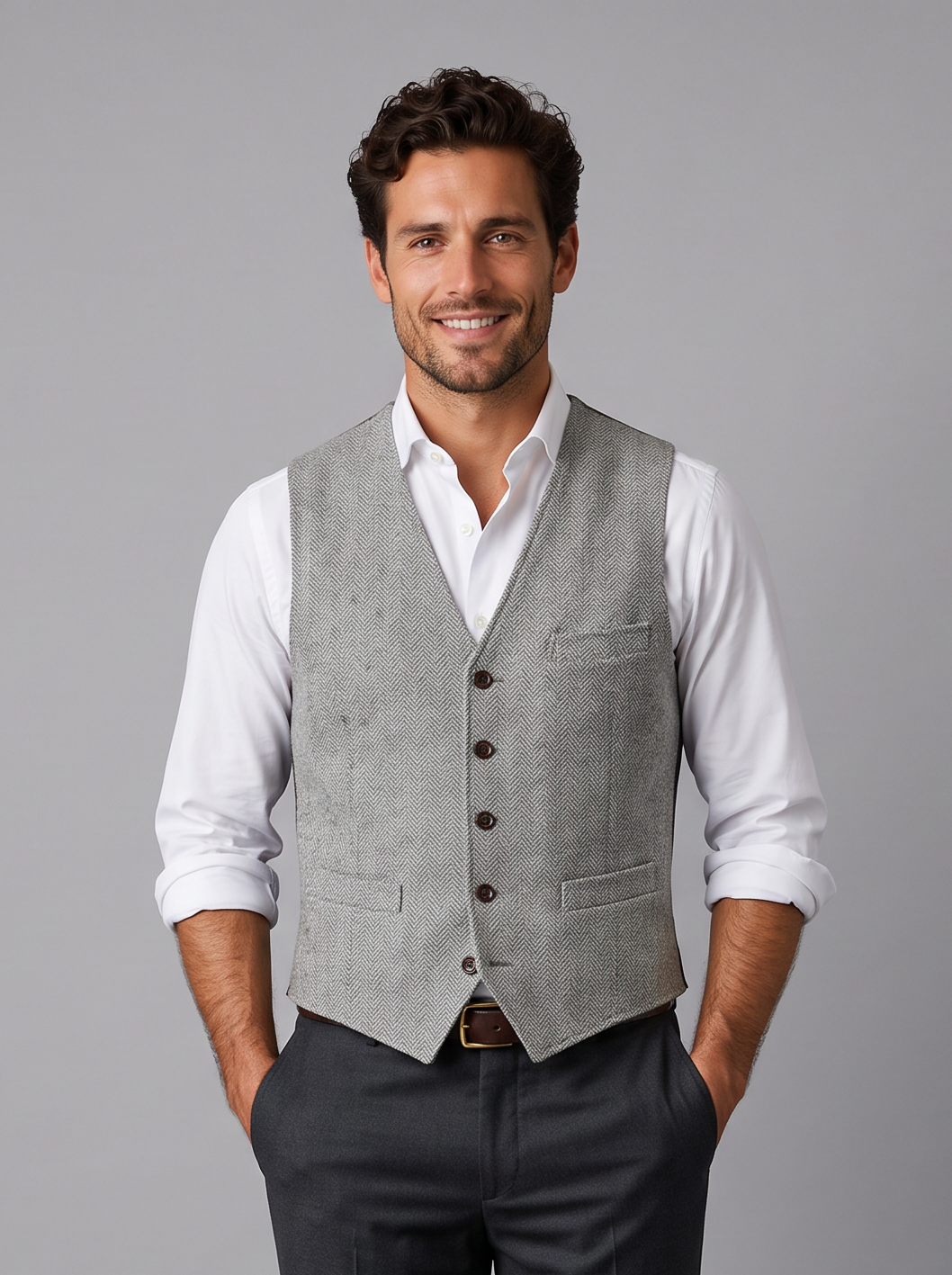Men's light grey herringbone tweed waistcoat