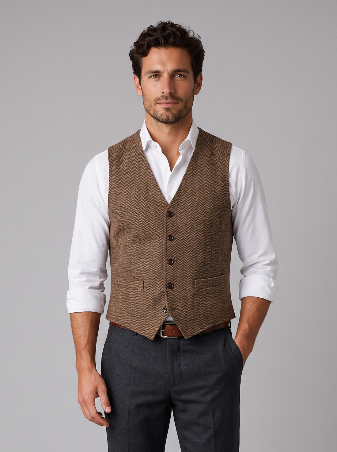 Men's brown herringbone tweed waistcoat