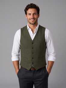 Men's army green herringbone tweed waistcoat
