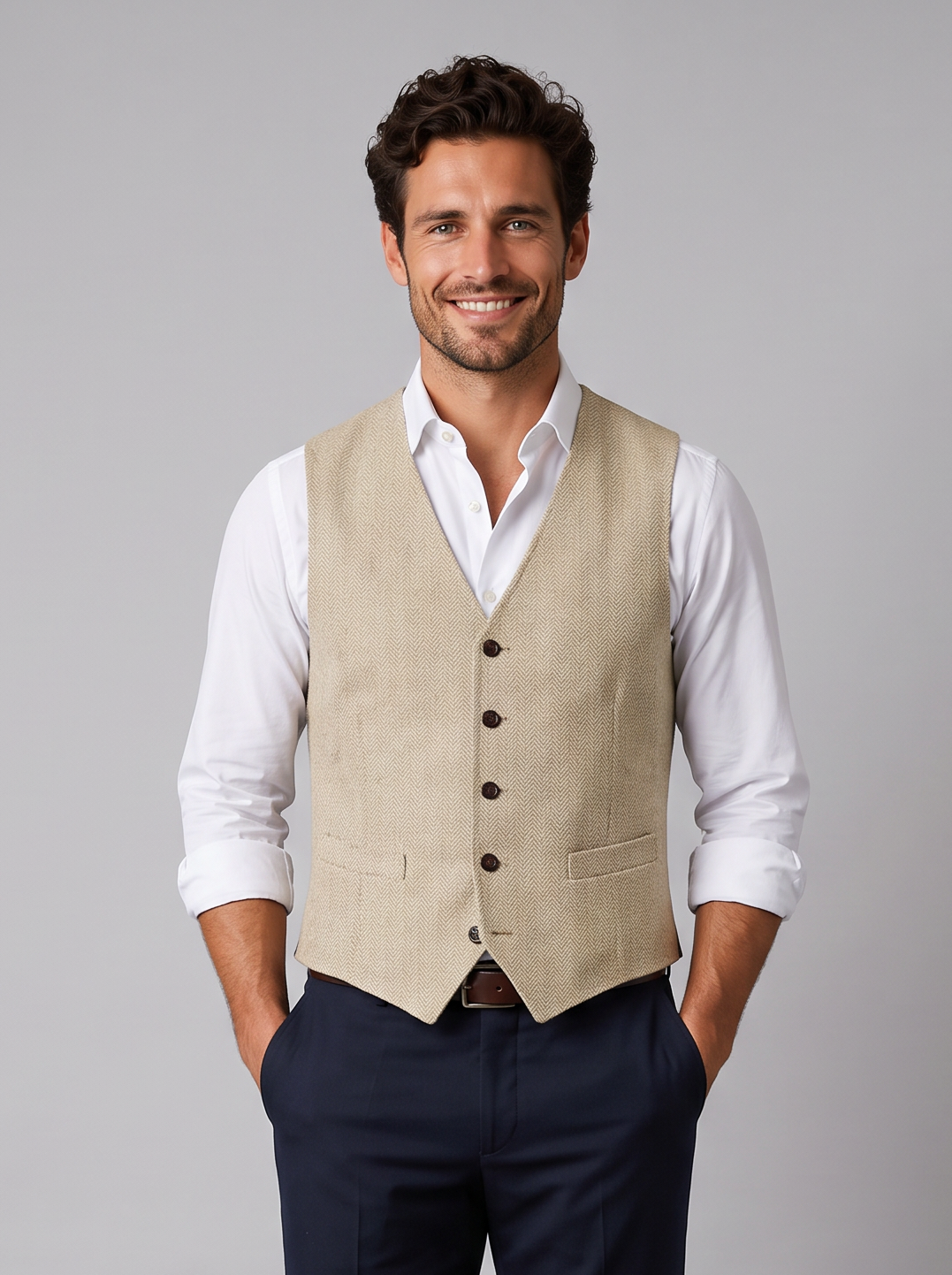 Men's champagne beige tweed waistcoat