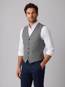 Men's silver grey herringbone tweed waistcoat