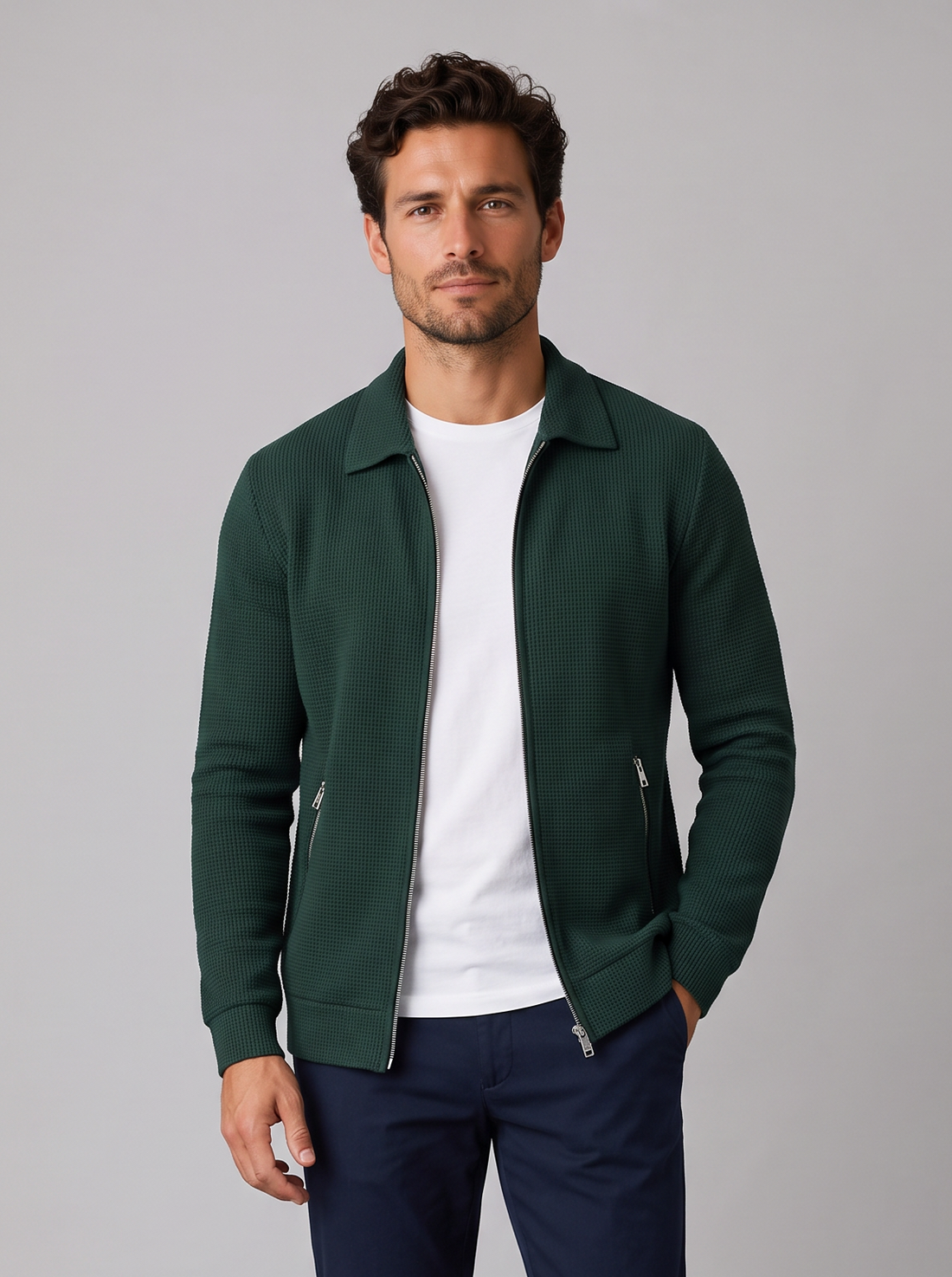 Men's dark green textured zip-up jacket