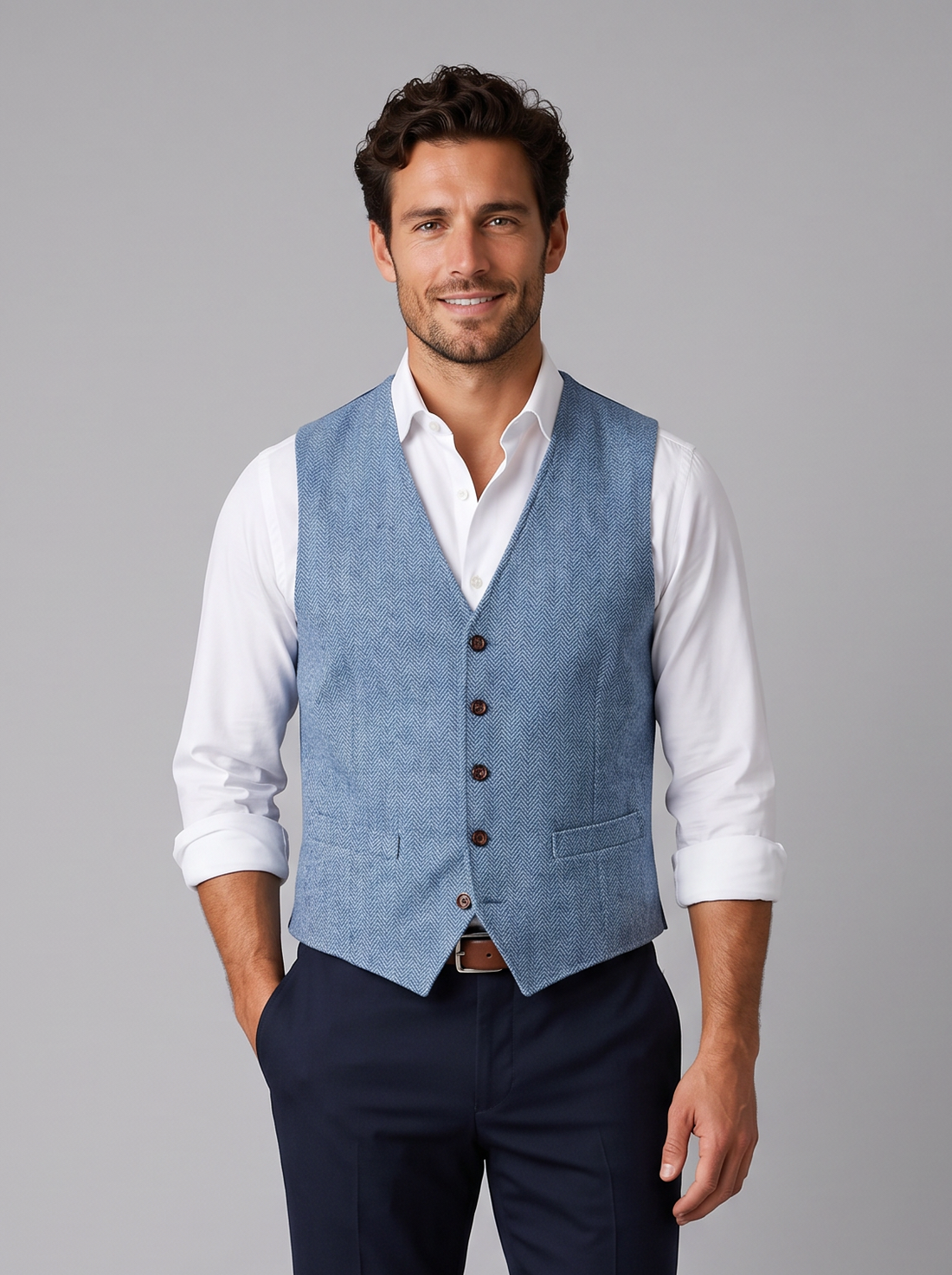 Men's light blue herringbone tweed waistcoat