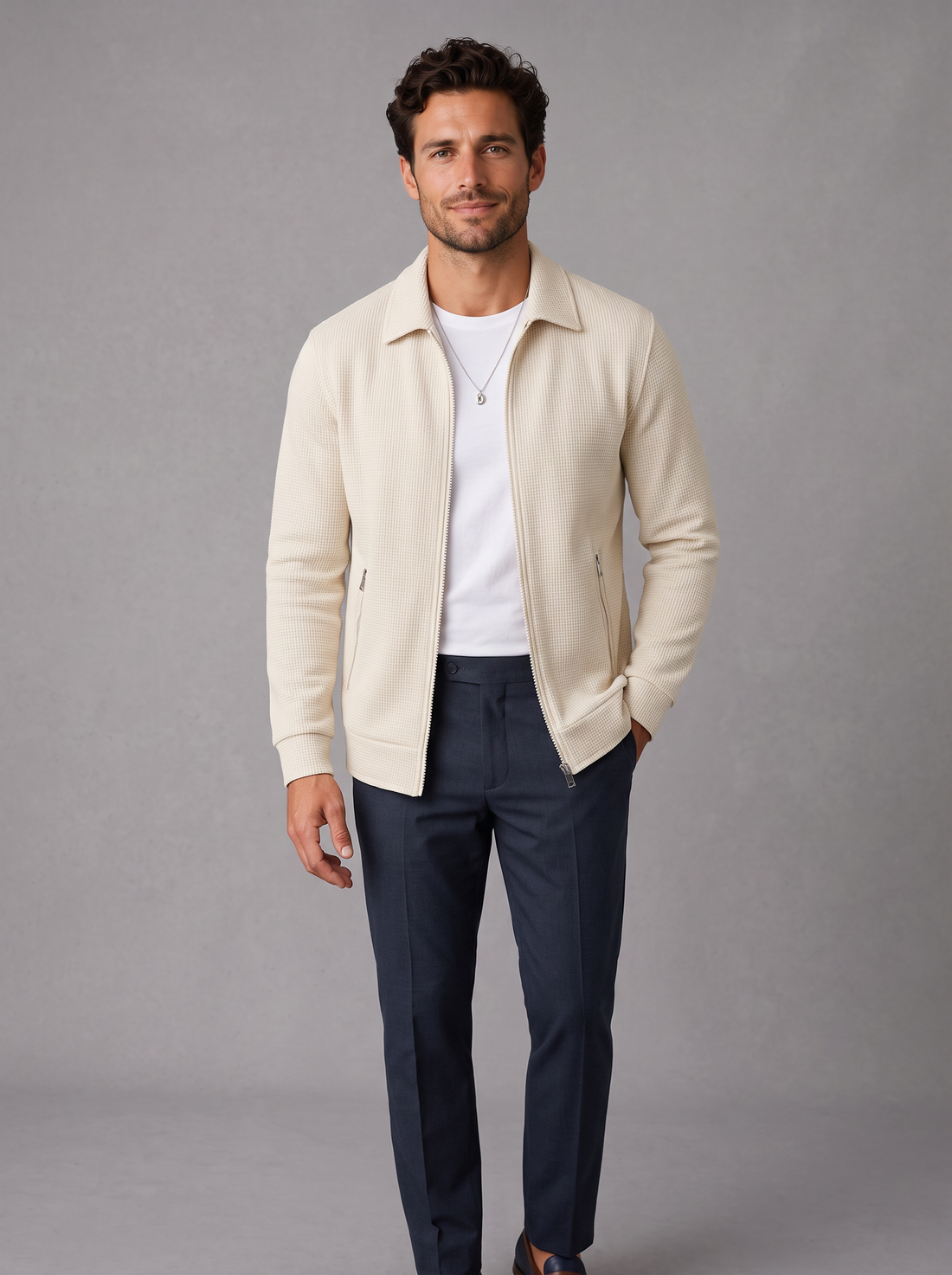Men's apricot cream textured zip-up jacket