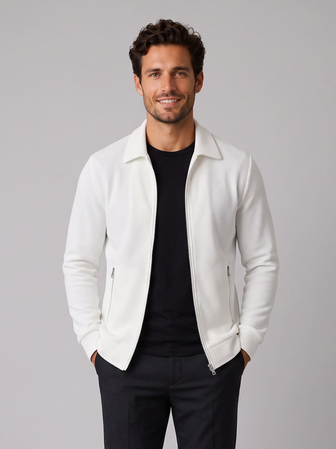 Men's white textured zip-up jacket