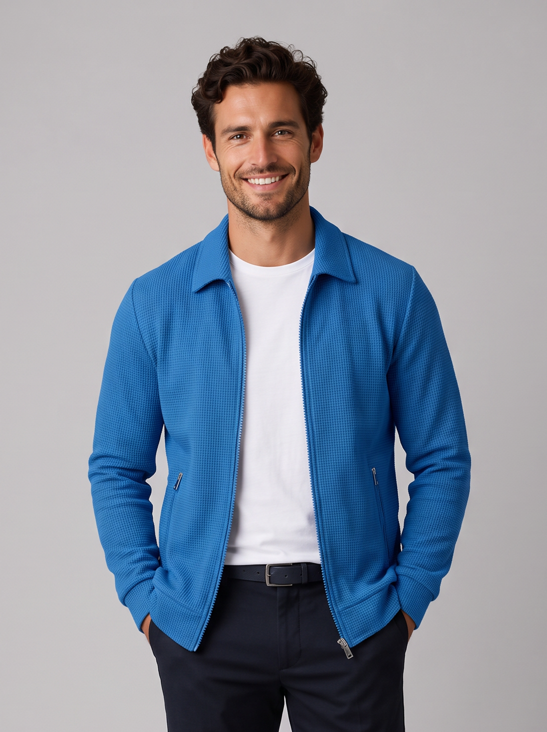 Men's blue textured zip-up jacket