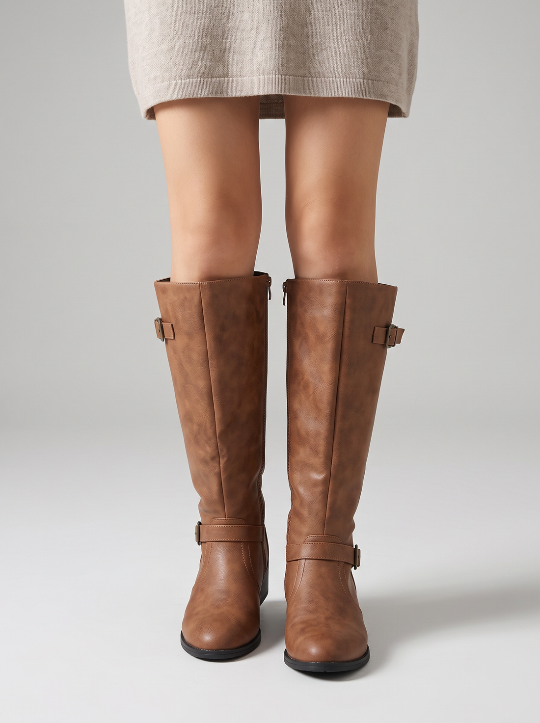 Women's Knee High Boots – Brown Buckle Boots in Light Brown – front view