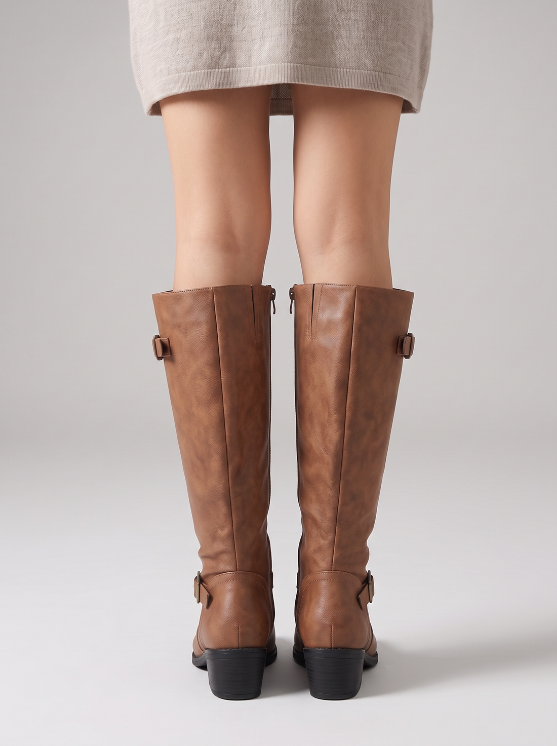 Women's Knee High Boots – Brown Buckle Boots in Light Brown – back view