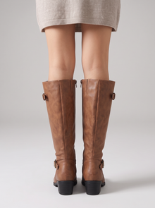 Women's Knee High Boots – Brown Buckle Boots in Light Brown – back view