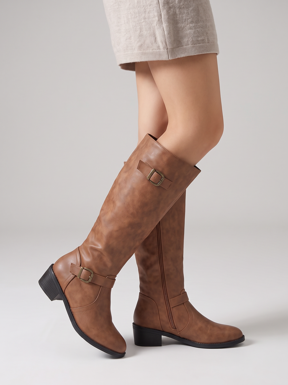 Women's Knee High Boots – Brown Buckle Boots in Light Brown – front view