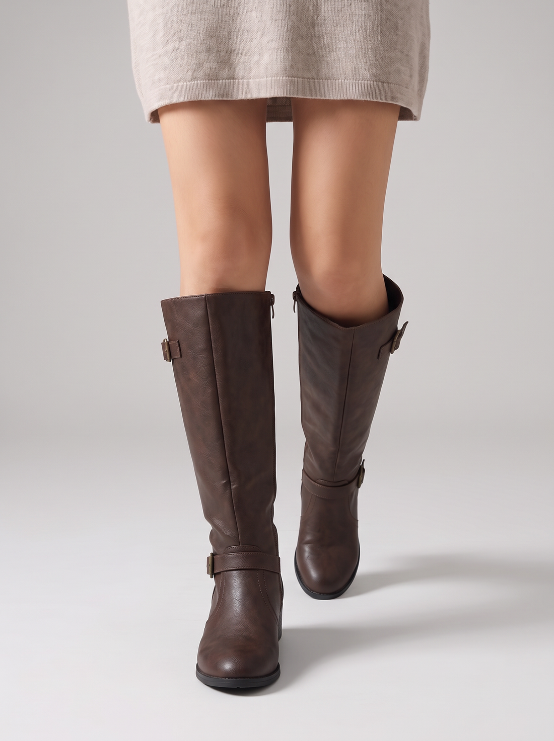 Women's Knee High Boots – Brown Buckle Boots in Dark Brown
