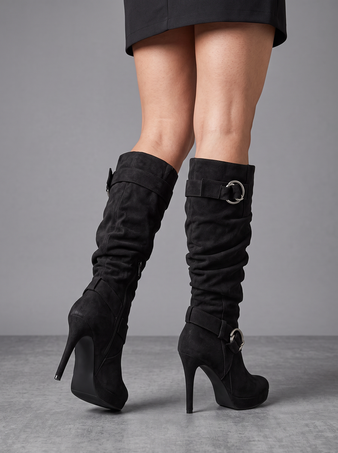 Black suede slouchy knee-high stiletto boots with ring buckles, front view