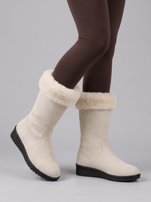 Cream beige wedge winter boots with faux fur cuff