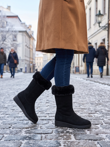 Woman walking on a frosty street in black fur cuff wedge boots