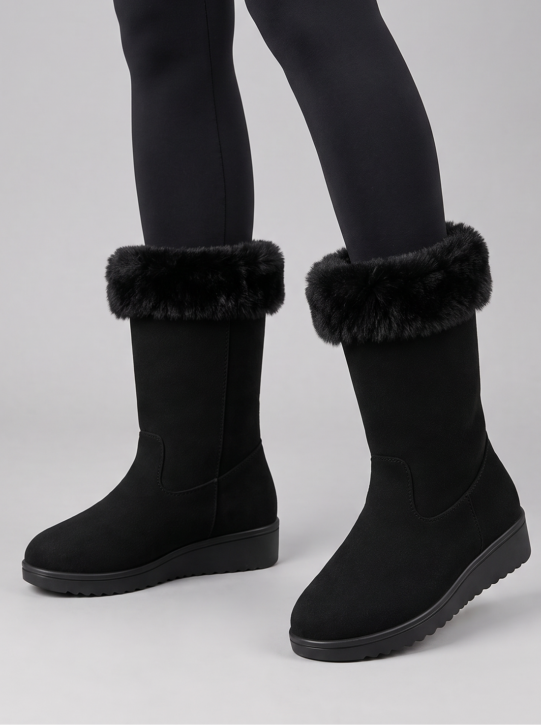 Black suede faux fur cuff wedge boots, front view