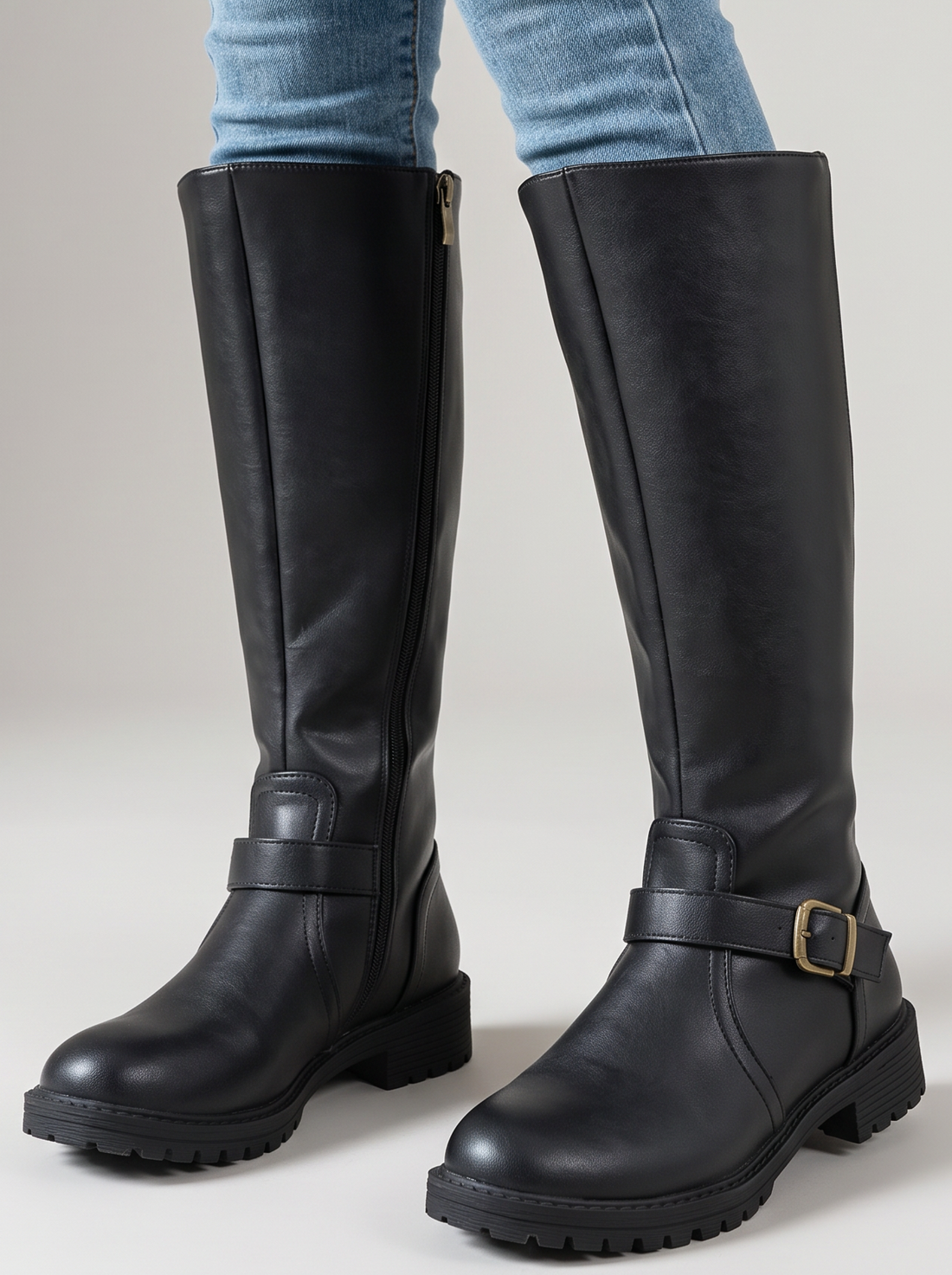 Women's Buckle Boots – Retro Black Boots – front view
