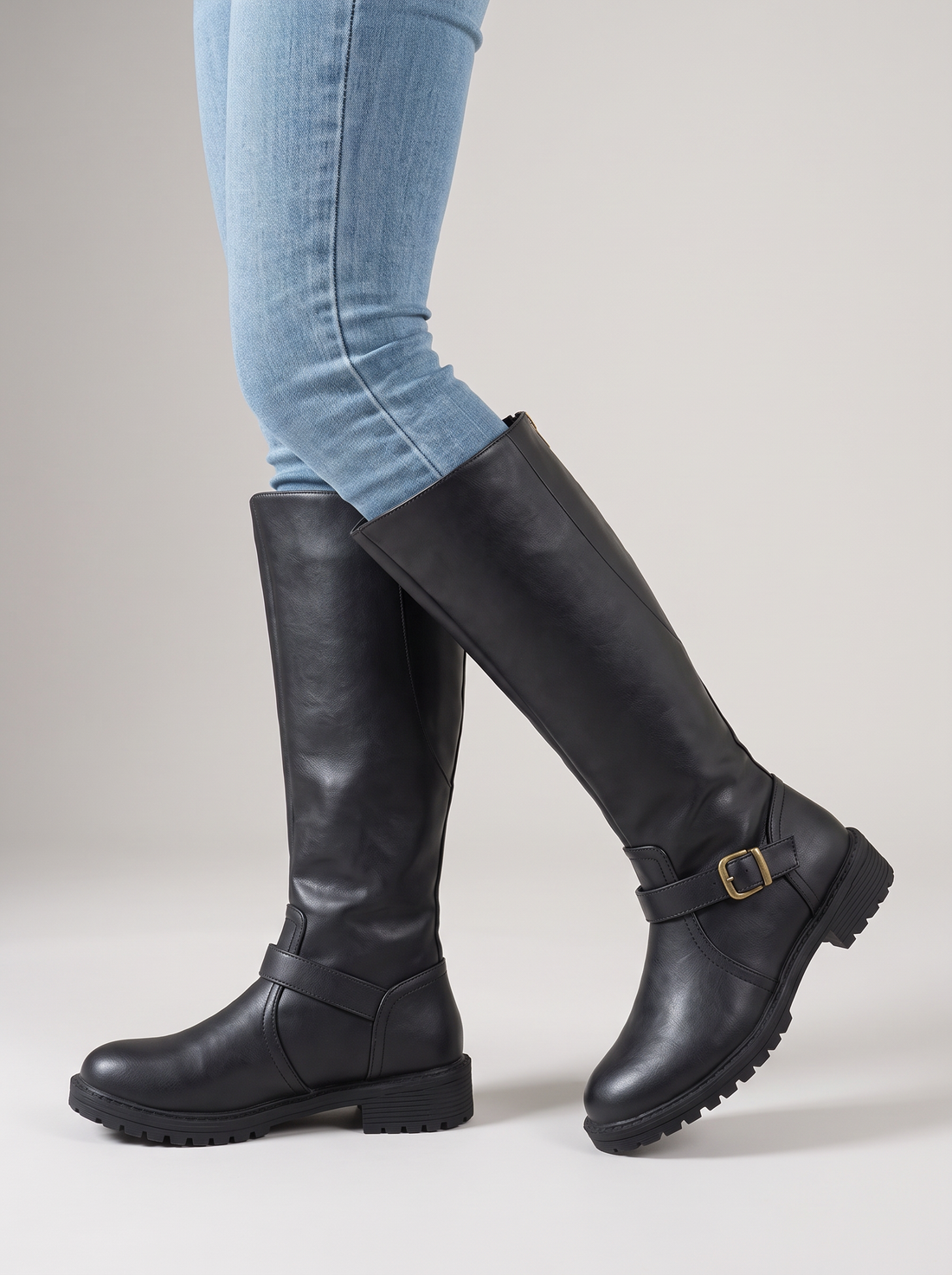 Women's Buckle Boots – Retro Black Boots – front view