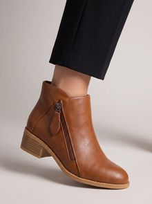 Women's Ankle Boots – Faux Leather Low Block Heel Boots with Zip in Brown – close-up of heel and zip