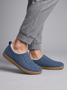 Blue fleece-lined house slippers – side view
