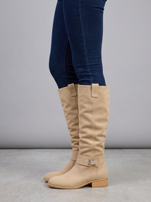 Women's beige suede knee-high wedge boots – side view with ankle strap